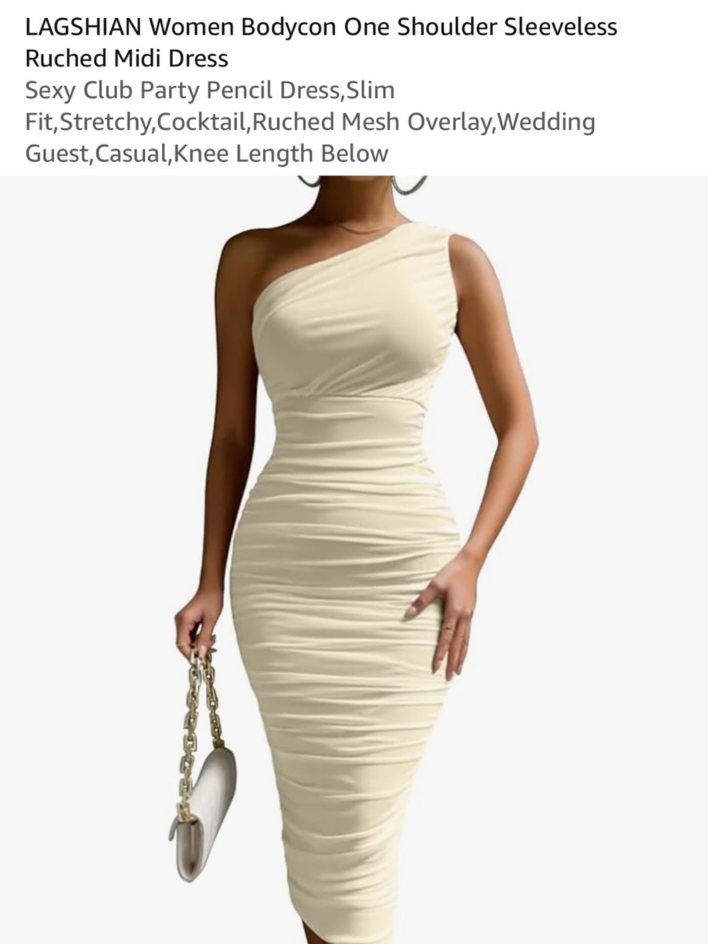 One-Shoulder Ruched Bodycon Midi Dress in Cream